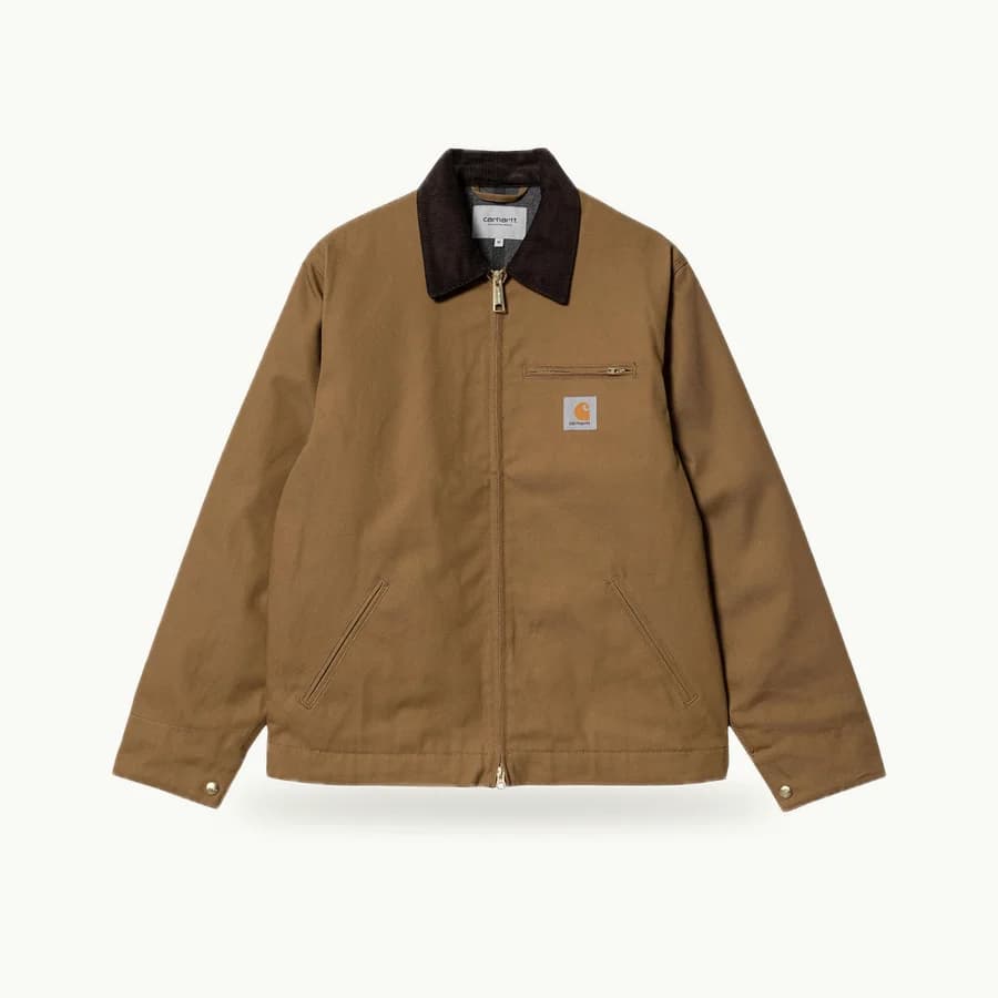 Detroit Jacket: Hamilton Brown Detroit jacket with a dark tobacco corduroy collar, laid out flat and viewed from the front