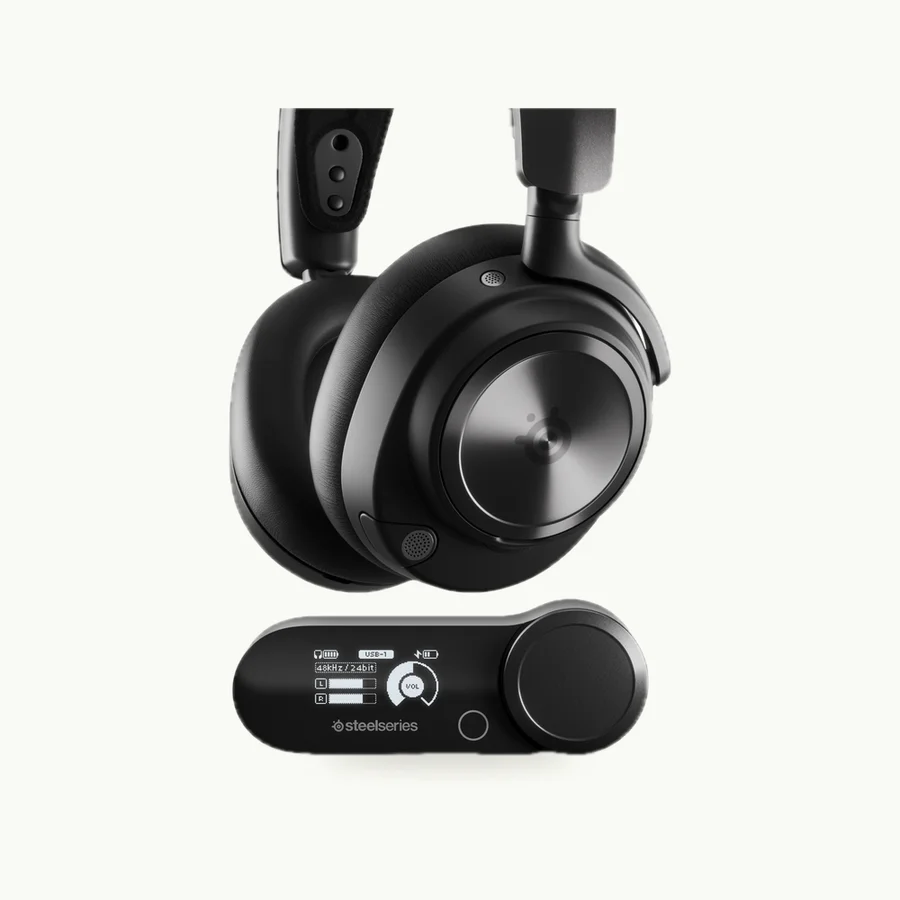 Arctis Nova Pro Wireless Headset: Black Arctis Nova Pro Wireless headset beside its base station