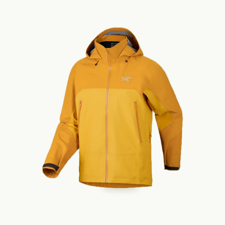 Beta AR Jacket: Yellow Beta AR jacket on an invisible mannequin, front three-quarter view with the hood up