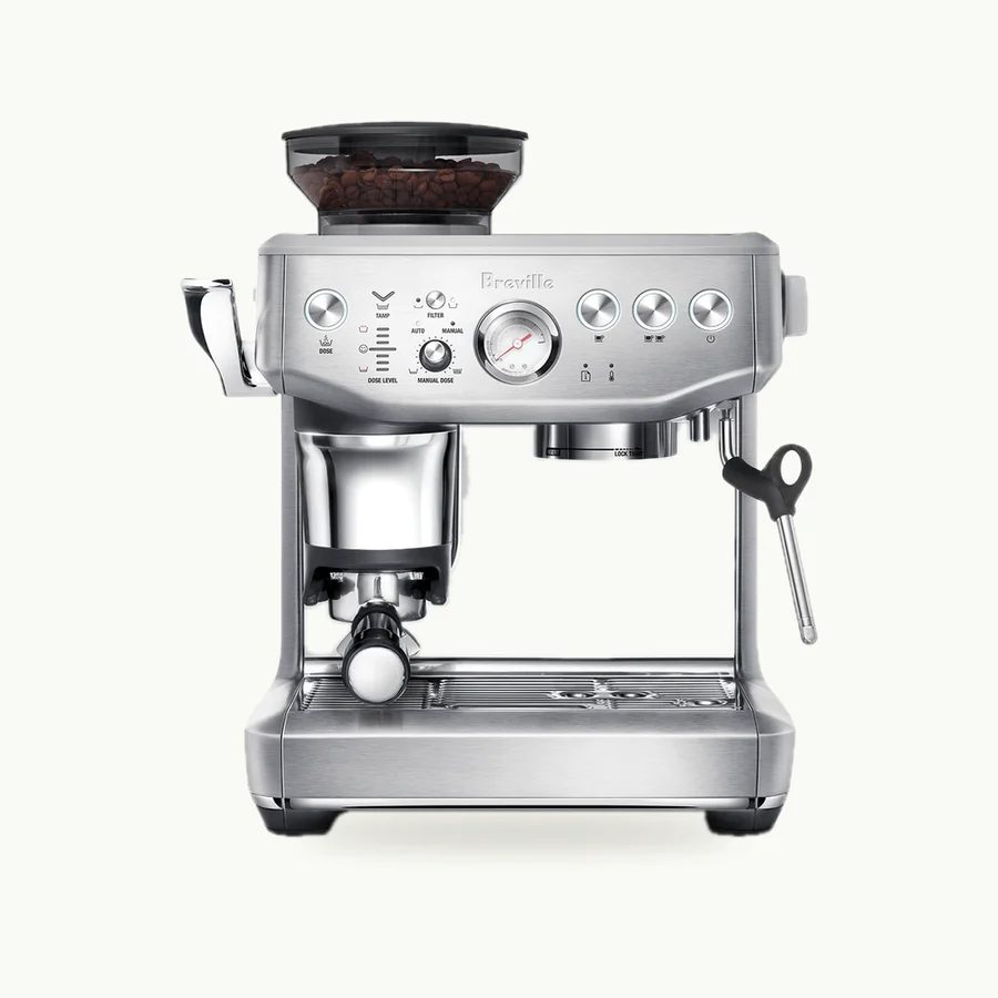 Barista Express Impress: Brushed stainless espresso machine with a bean hopper, front view
