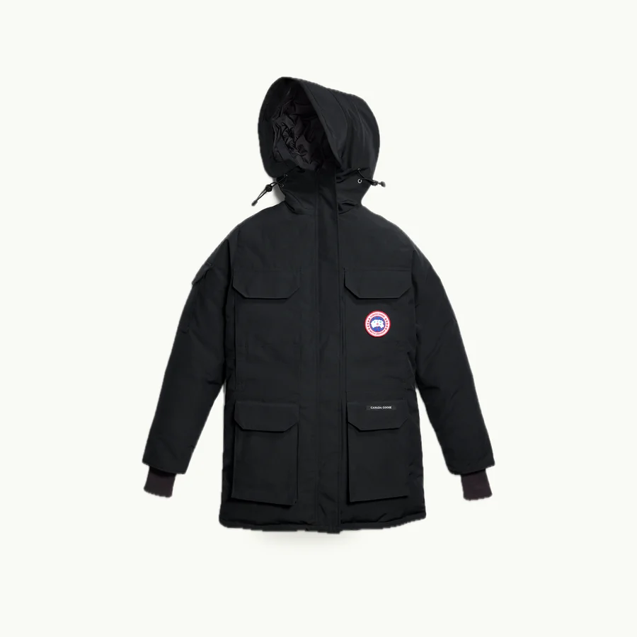 Expedition Parka: Black Expedition Parka with a large hood, front view