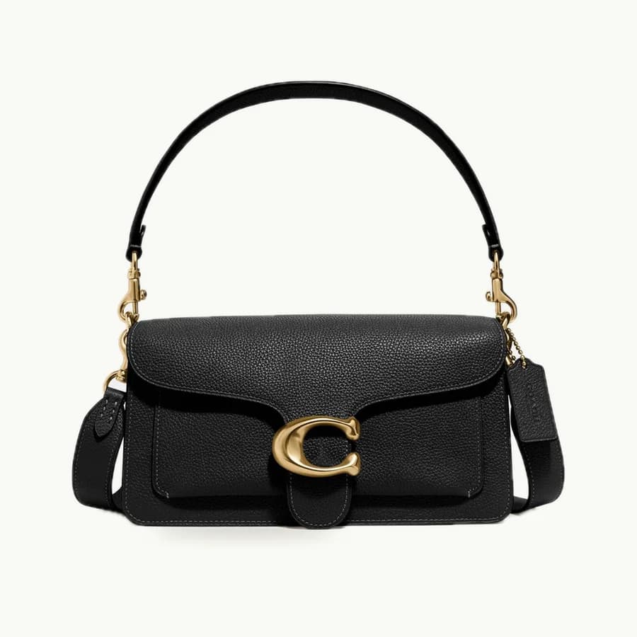 Tabby Shoulder Bag 26: Black pebbled leather Tabby Shoulder Bag 26 with brass C clasp and attached short handle, viewed from the front