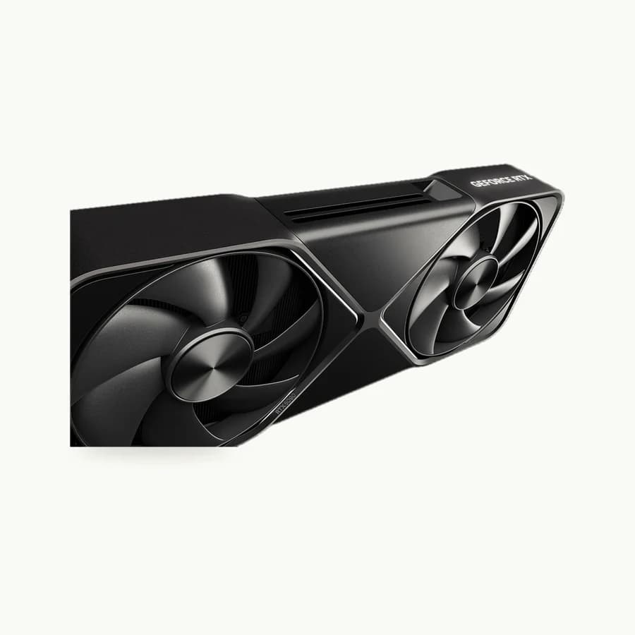 GeForce RTX 5090 Founders Edition: GeForce RTX 5090 Founders Edition card angled to show both fans