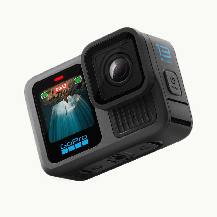 HERO13 Black: GoPro HERO13 Black, front three-quarter view with the lens and front screen