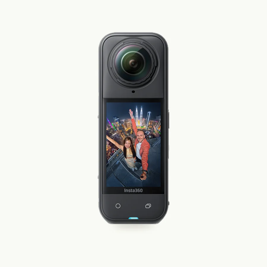 X5 360° Camera: Black Insta360 X5 standing upright with its screen facing forward