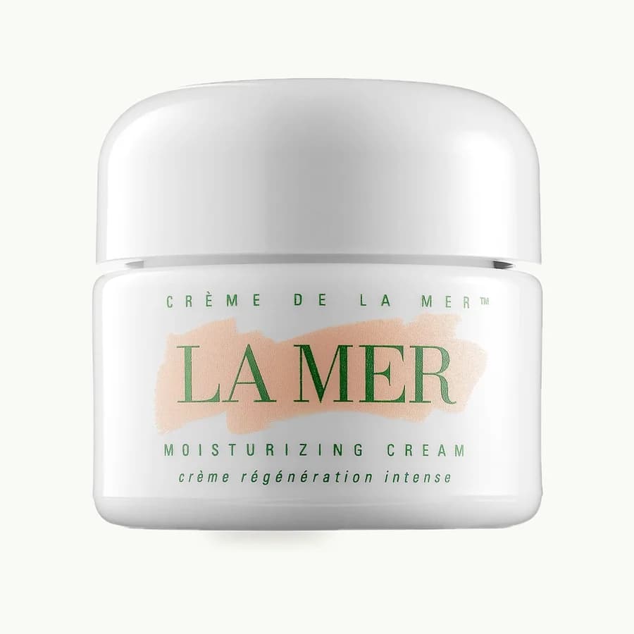 Crème de la Mer (60ml): White 60 ml Creme de la Mer jar with its lid closed and green and gold label, front view