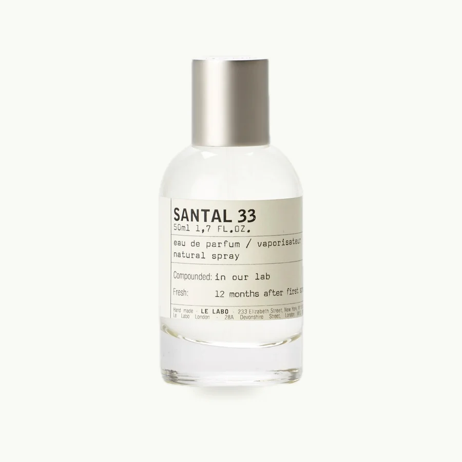 Santal 33 Eau de Parfum (50ml): Clear 50 ml Santal 33 eau de parfum bottle with a silver cap and cream label, front view