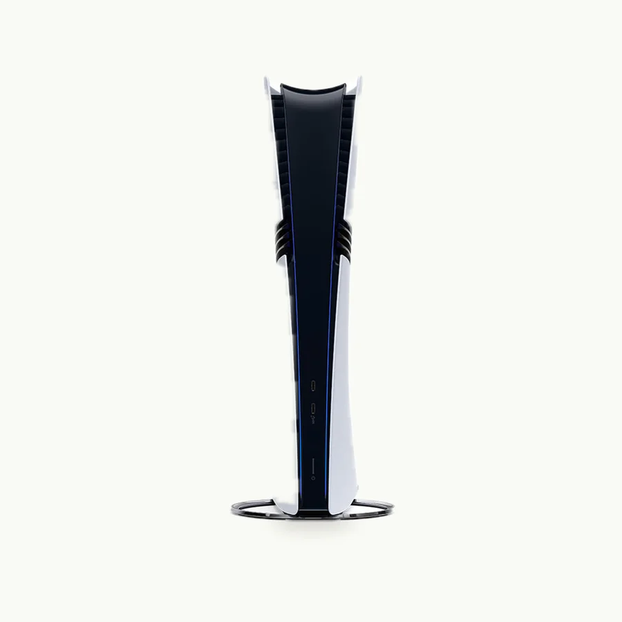 PlayStation 5 Pro: White and black PlayStation 5 Pro console shown standing upright from the front