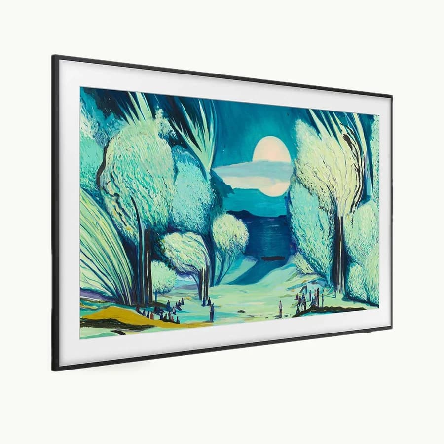 The Frame 65" Art TV: Black 65-inch Frame TV at a three-quarter angle, its thin bezel around a blue and green painting