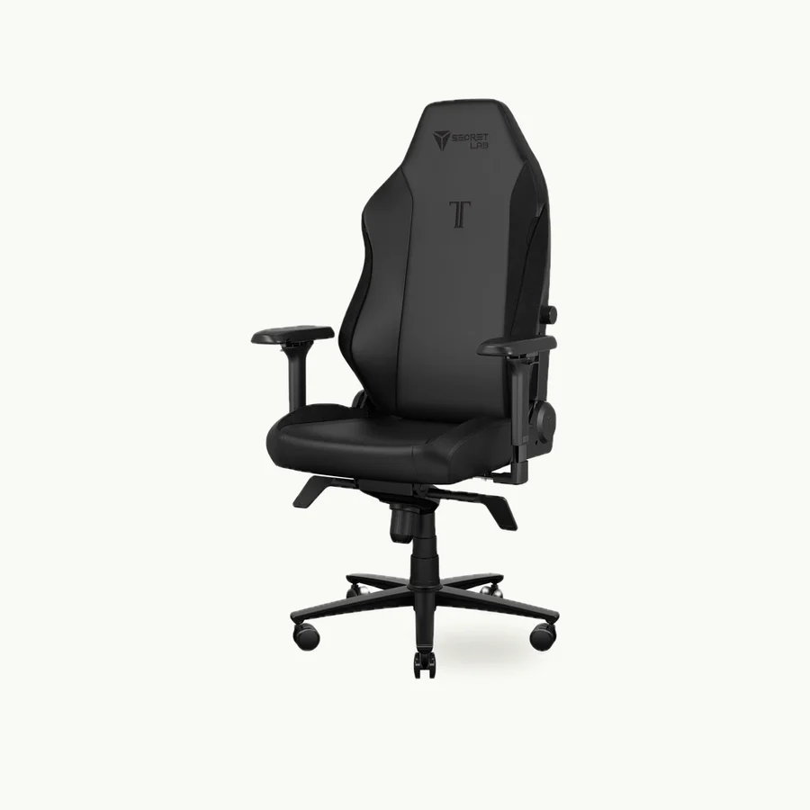 Titan Evo Gaming Chair: Black leatherette Secretlab Titan Evo chair shown whole at a three-quarter angle