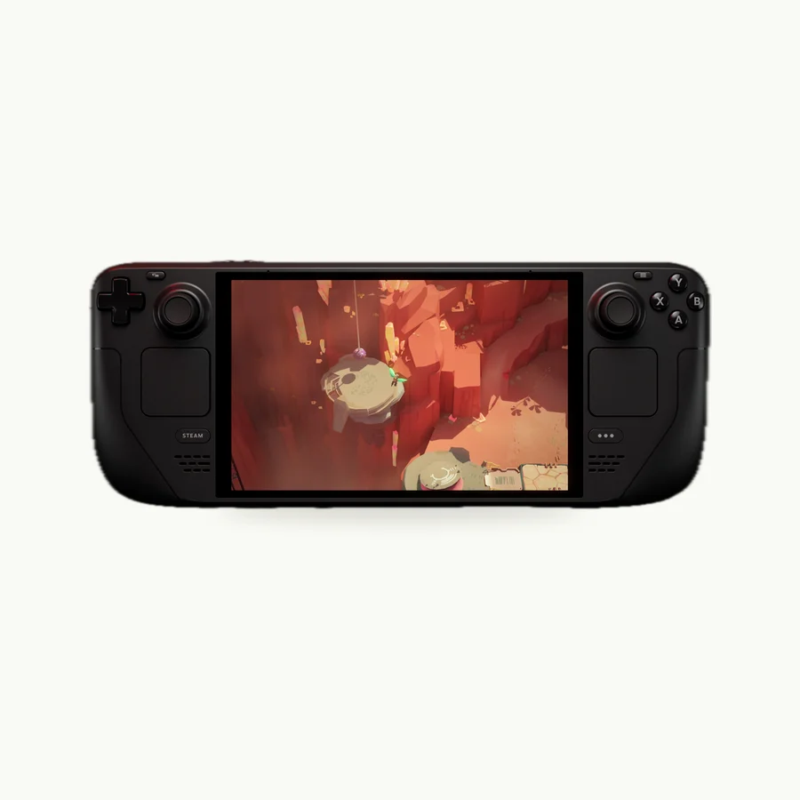 Steam Deck OLED (1TB): Steam Deck OLED handheld, front view with the screen lit