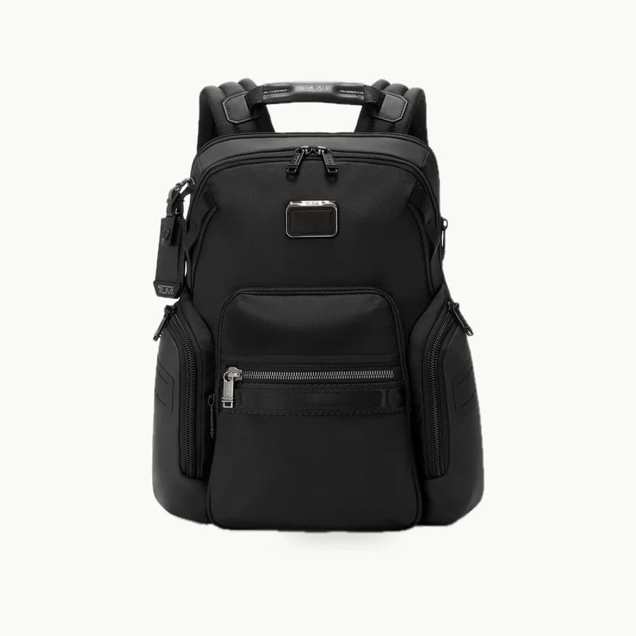 Alpha Bravo Navigation Backpack: Black Alpha Bravo Navigation Backpack with leather trim and a luggage tag, front view